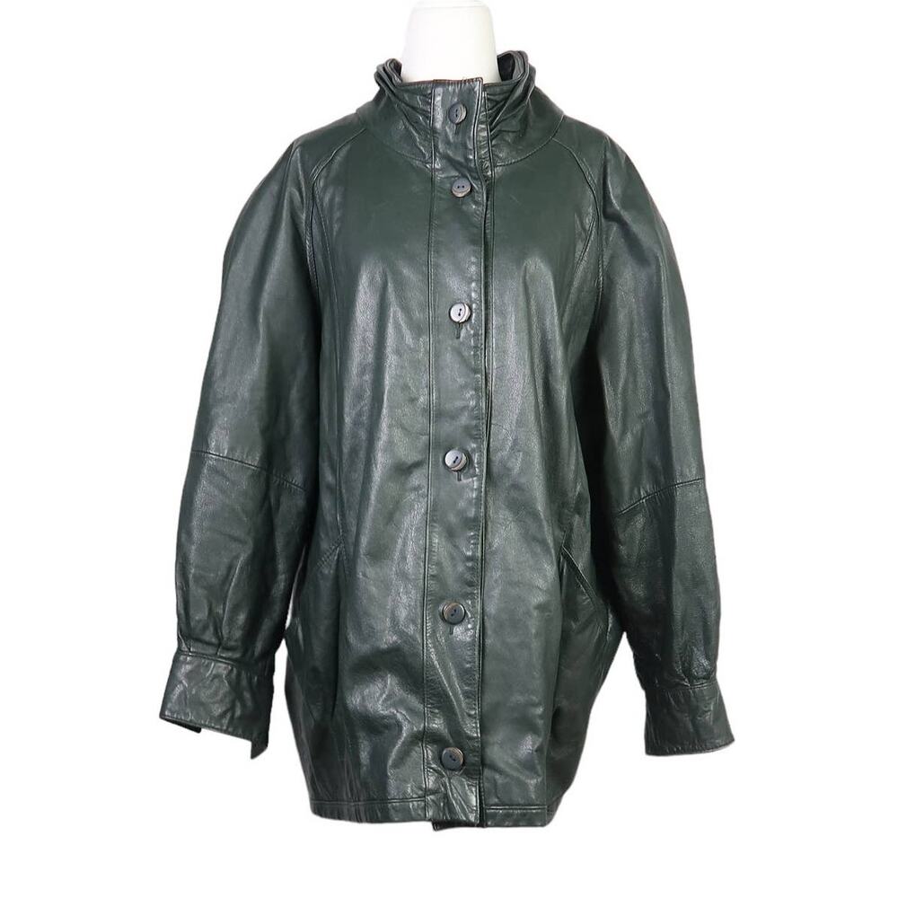 Vintage 80s Pelle dark green leather high neck jacket L